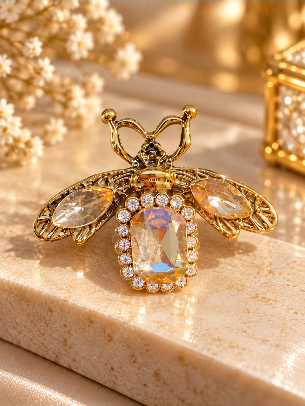 Elegant Gold Crystal Bee Brooch